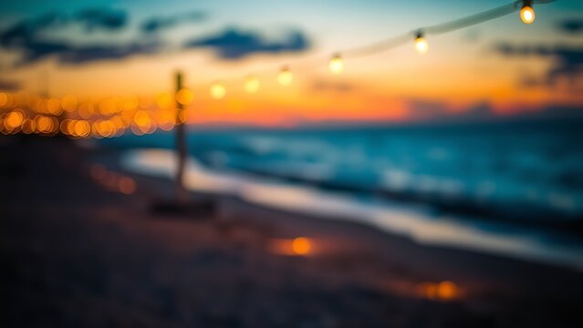 A serene beach at sunset with warm golden light and softly glowing string lights, evoking coastal tranquility.