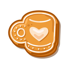 Cute gingerbread cookie in the shape of a coffee cup with white icing heart, isolated on white background
