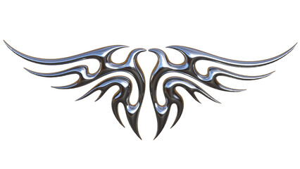 3D Chrome Tribal Wing Tattoo Icon – Metallic Silver Symmetric Sharp Glossy Abstract Ornament,...