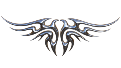 3D Chrome Tribal Wing Tattoo Icon – Metallic Silver Symmetric Sharp Glossy Abstract Ornament, Cyber Gothic Decorative Metal Emblem for Design and Branding