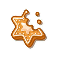 Gingerbread Star Cookie with icing and bitten detail in a cute cartoon style. Warm colors and clean background make it suitable for decorative holiday designs.