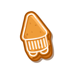 Gingerbread cookie shaped like a pencil with white icing decoration, isolated on white background