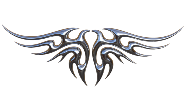 3D Chrome Tribal Wing Tattoo Icon – Metallic Silver Symmetric Sharp Glossy Abstract Ornament, Cyber Gothic Decorative Metal Emblem for Design and Branding