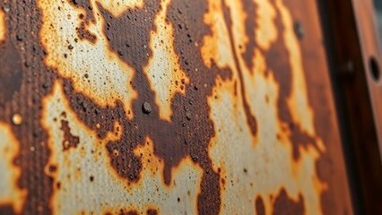 Close-up of oxidized steel surface with intricate rust patterns, showcasing metallic weathering details under directional light.