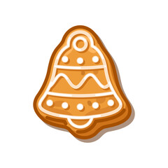 Gingerbread cookie shaped like a Christmas bell with white icing decoration, isolated on white background