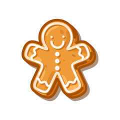 Smiling gingerbread man cookie with white icing decorations, festive and cute, isolated on white background