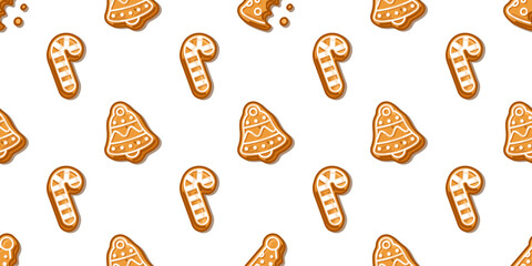Seamless pattern with gingerbread cookies in bell, candy cane, and bitten hat shapes, festive and fun design