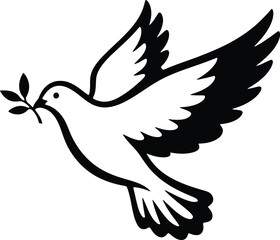 Dove with olive branch symbolizing peace and hope in black and white