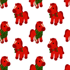 Bright red horses adorned with green scarves are arranged in a repeating pattern on a white background, perfect for holiday themes and decorations.