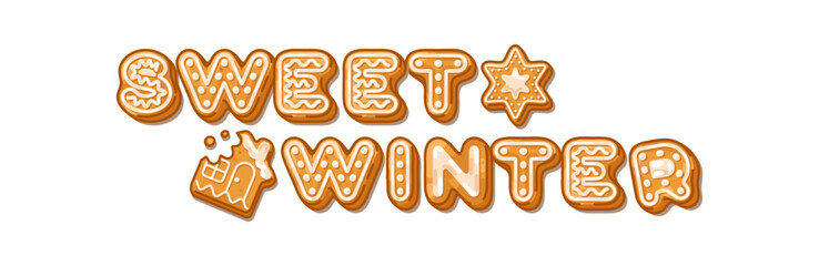 Gingerbread lettering illustration with Sweet Winter phrase made from iced cookie letters on a light background