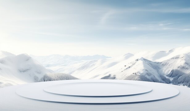 White circular podium with empty center against backdrop of snow-covered mountains under clear sky, minimalist aerial view for product display.