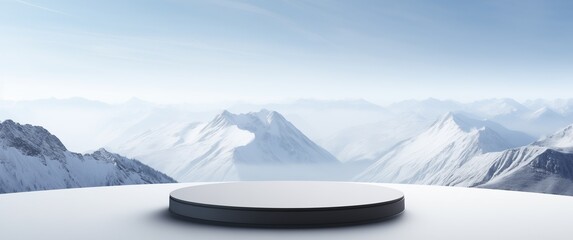 White circular podium with black edges placed on snow covered ground of alpine mountain range with distant snowy peaks under clear blue sky