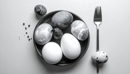 Overhead monochrome composition featuring decorated eggs, plate, and fork
