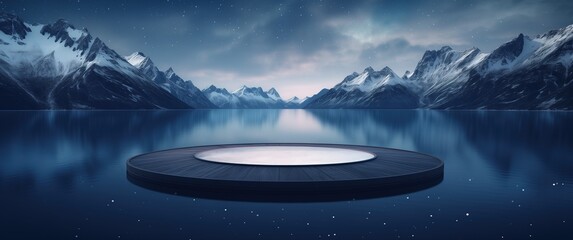 Circular stage with empty center placed on calm lake surrounded by snow-capped mountains and starry skies in symmetrical composition.