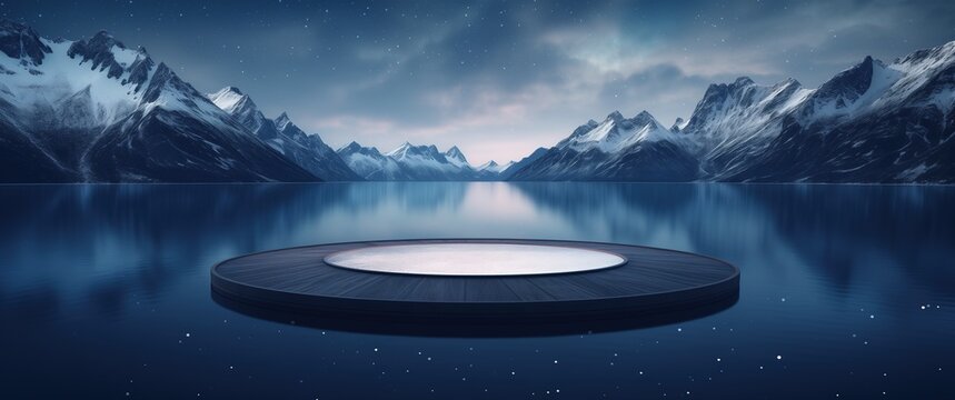 Circular stage with empty center placed on calm lake surrounded by snow-capped mountains and starry skies in symmetrical composition.