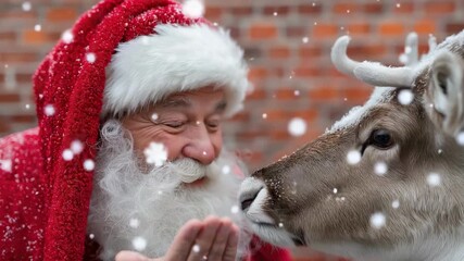 Santa joyfully interacts with reindeer amidst falling snowflakes in a festive outdoor setting - Powered by Adobe