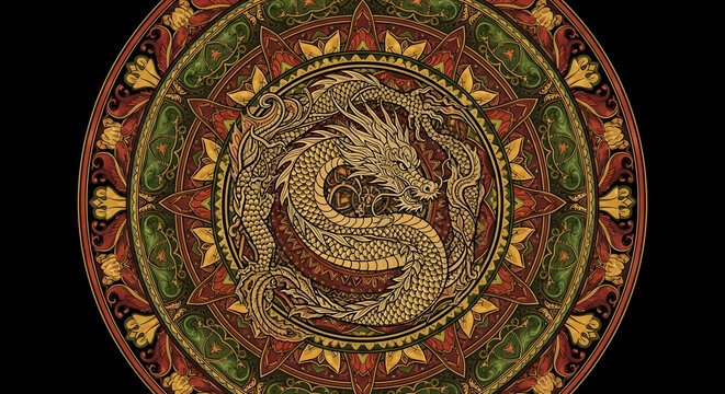Intricate golden dragon mandala design with vibrant colors - Powered by Adobe