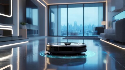 Robotic vacuum cleaner in modern, lit apartment with cityscape view, on reflective flooring