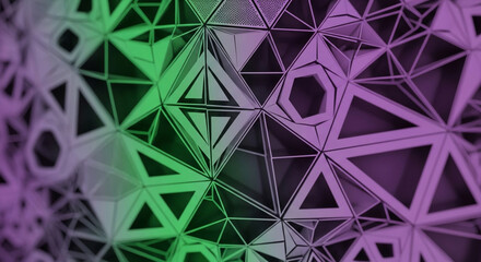 Dynamic geometric shapes create a modern and vibrant background in shades of green and purple perfect for tech, design, and innovative concepts