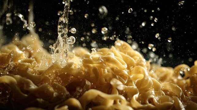 Pasta spirals glisten as water splashes down in dramatic, golden lighting