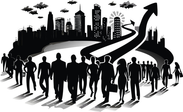 Conceptual illustration depicting a diverse group of individuals embarking on a shared adventure symbolizing unity progress and collective achievement