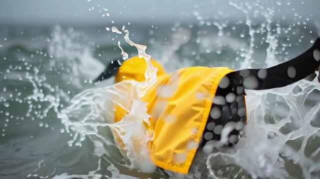 Dog enjoys splashing in the waves while wearing a bright yellow raincoat on a cloudy beach