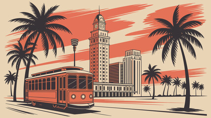 Obraz premium Miami skyline vector with freedom tower, streetcar, and iconic palm trees, ideal for travel illustrations, city guide graphics, website headers, postcards, and tourism promotion materials.
