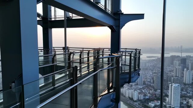 Thrilling skywalk experience high above the sprawling urban cityscape at sunset.