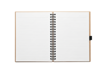 A meticulously clean open spiral-bound notebook with brown craft paper cover, black metal spiral, blank ruled pages, on an transparent background, soft studio light, concept of potential.