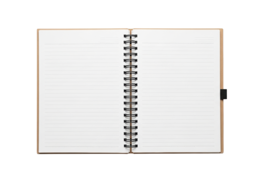 A meticulously clean open spiral-bound notebook with brown craft paper cover, black metal spiral, blank ruled pages, on an transparent background, soft studio light, concept of potential.
