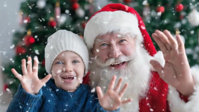 Joyful santa and child waving with falling snow in festive holiday scene