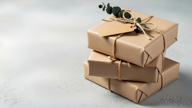 Stack of three gift boxes wrapped in brown paper with twine and eucalyptus branch. Holiday gifting and eco friendly packaging with copy space