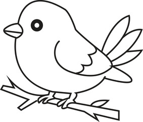 Cute Cartoon Bird Perched on a Branch Line Art Drawing Ready for Coloring Activity