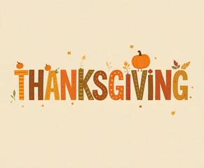 Thanksgiving Orange Patchwork Letters with a Cute Turkey, Autumn Leaves, and Pumpkins for Banners and Invitations