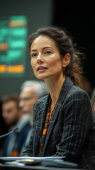 A professional woman in a stylish jacket attentively participates in a business meeting, showing focus and engagement during discussion.