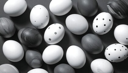 Overhead shot of a group of speckled and solid colored ovate objects