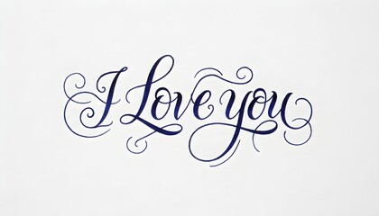 The romantic phrase 'I Love you' written in an elegant, dark blue calligraphy script with decorative flourishes on a white background.