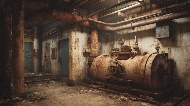 An old, industrial room showcasing weathered pipes, machinery and structural elements. It gives a sense of aged, abandoned construction 