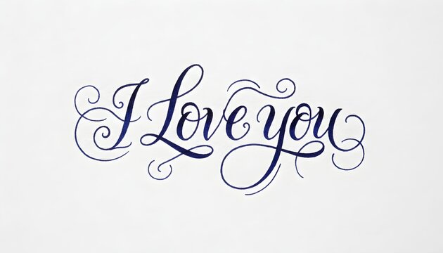 The romantic phrase 'I Love you' written in an elegant, dark blue calligraphy script with decorative flourishes on a white background.