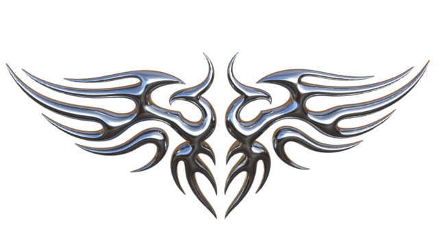 3D Chrome Tribal Winged Tattoo Icon – Metallic Silver Symmetric Ornament with Sharp Glossy Spikes, Cyber Gothic Abstract Design, Futuristic Decorative Metal Emblem