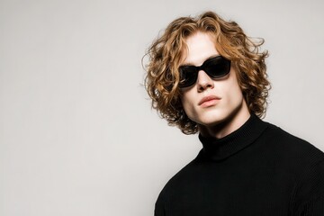 Man in turtleneck, black sunglasses, and curly hair against a neutral background. Use it to promote fashion, style, or express individuality.