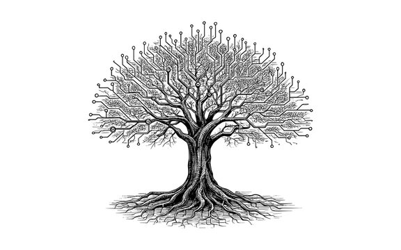 Digital tree vintage style engraving illustration, technology nature concept