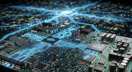 Intricate details of a circuit board illuminated with vibrant blue light, showcasing modern tech.