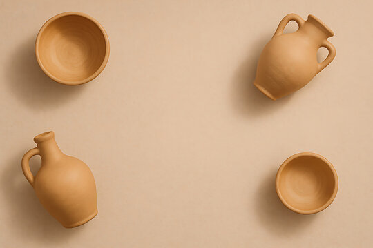 Light sand-and-clay top-view with pottery props, subtle vignette, copy space at the center