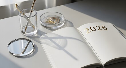 A serene desk setup with a 2026 diary, pens, and clips suggesting planning and future anticipation.