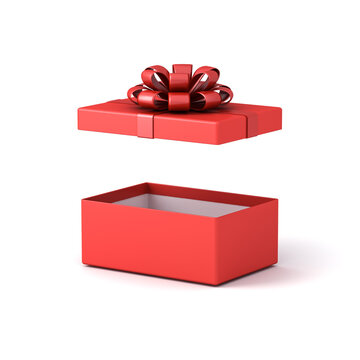 Red present box open with white inside product display mock up showcase or blank red rectangle gift box with red ribbon bow isolated on white background with shadow creative idea concepts 3D rendering