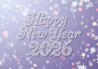 Happy new year 2026 greeting, ornate text, snowflakes, bokeh
