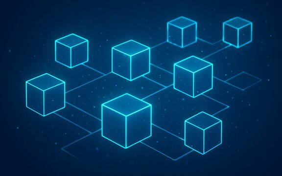 Blockchain Network with Neon Cubes - Powered by Adobe