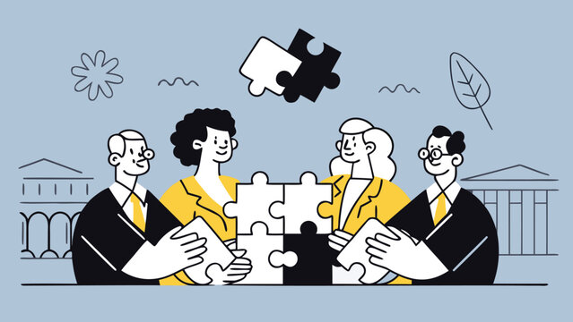 Abstract representation of diverse professionals collaborating and building a strong team showcasing unity and innovation with vibrant colors and dynamic shapes