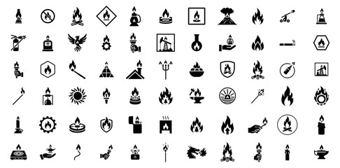 Fire icon vector collection. High-quality, monochromatic glyphs of flames, torches, lanterns, shields